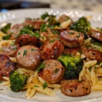 Chicken Sausage Broccoli and Orzo Skillet on a Rustic Wooden Table