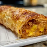 Close-up of a Golden Peach Cobbler Egg Roll