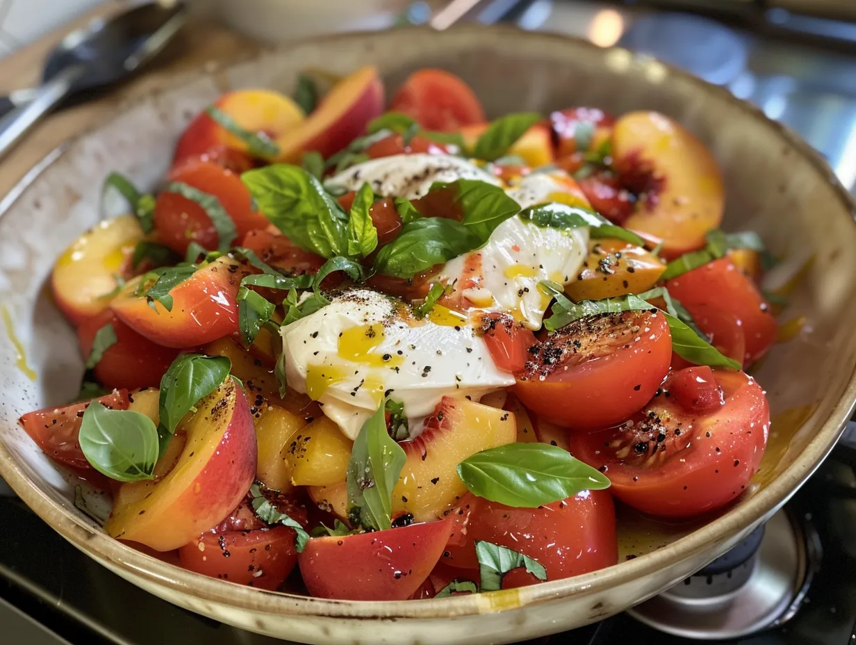 final presentation of tomato peach burrata salad