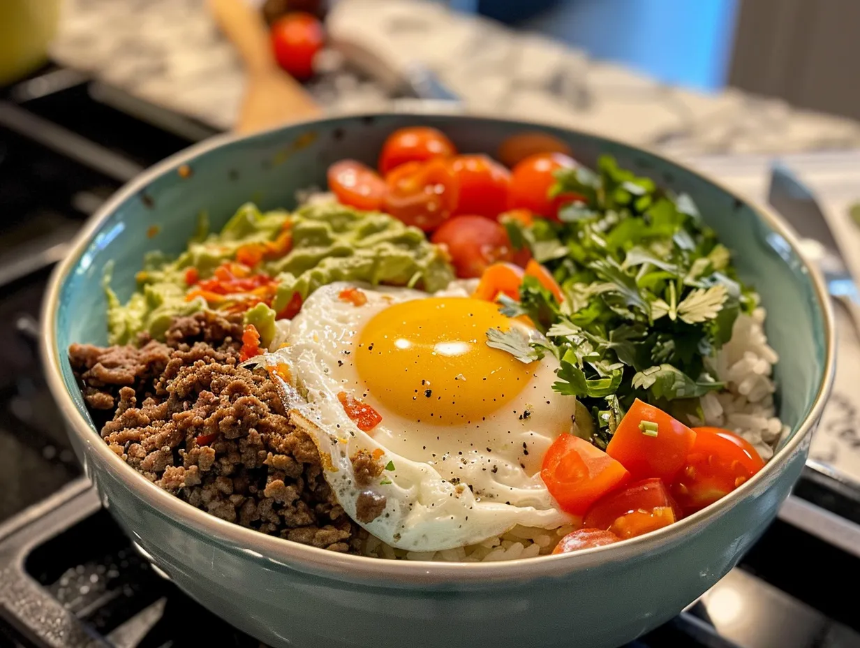 Finished beef cheddar egg guac power bowl