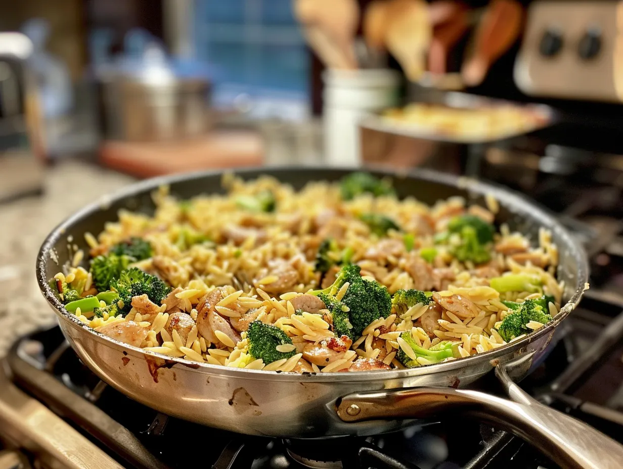 finished chicken sausage broccoli and orzo skillet on stove
