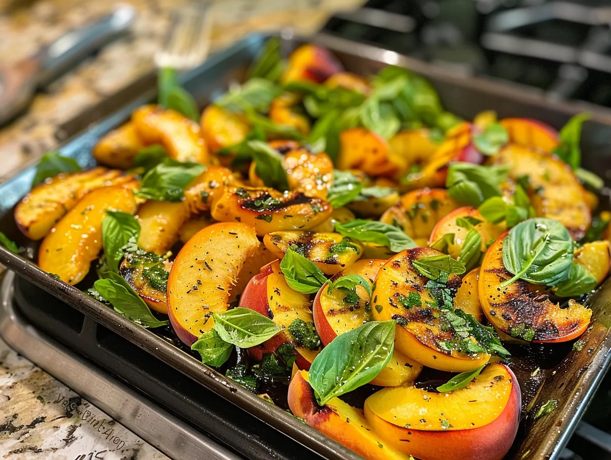 Finished grilled peach salad with basil vinaigrette on kitchen counter