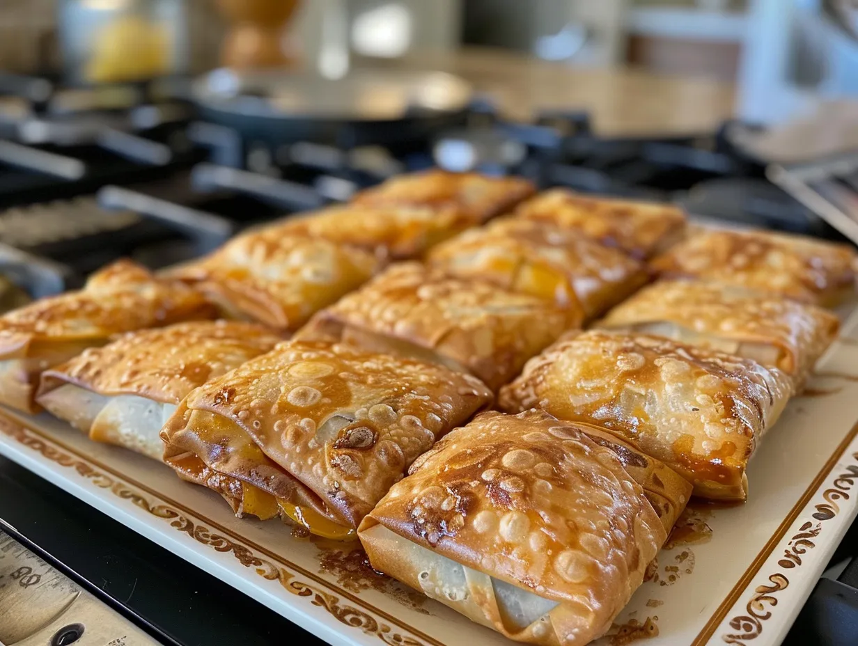 Finished Peach Cobbler Egg Rolls on a Kitchen Counter