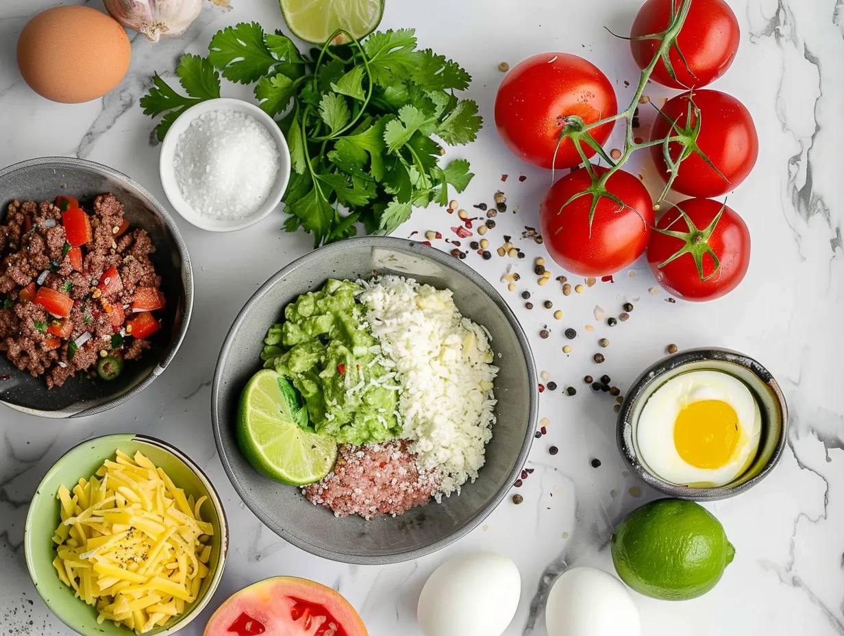 Fresh ingredients for beef cheddar egg guac power bowl