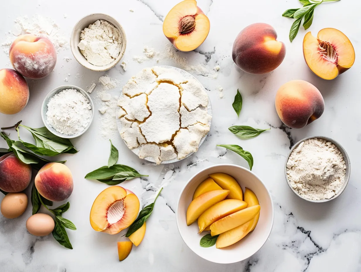 Ingredients for making fresh peach pie