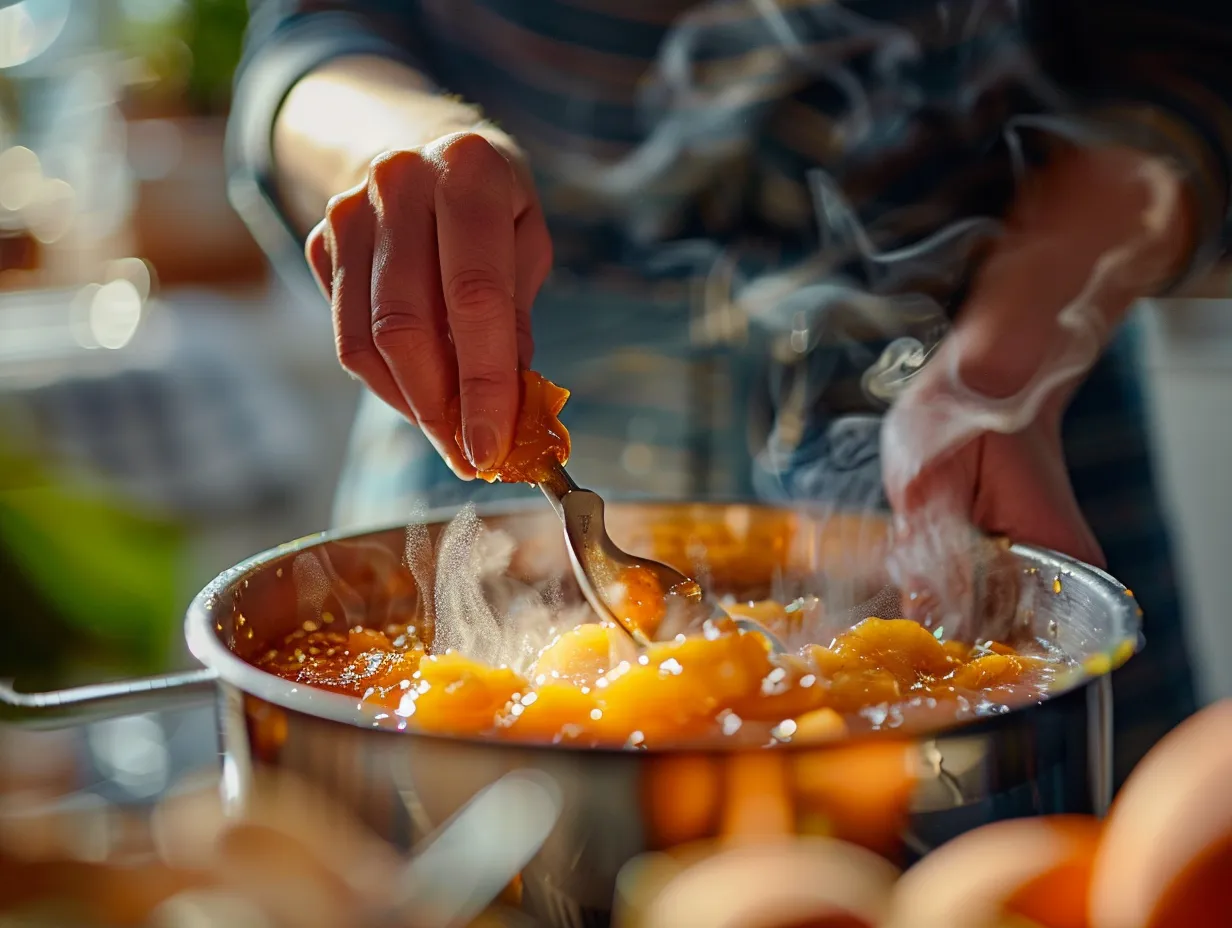 Hands preparing nectarine jam
