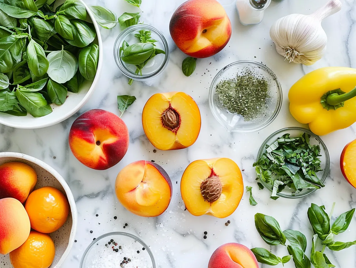 Ingredients for grilled peach salad with basil vinaigrette