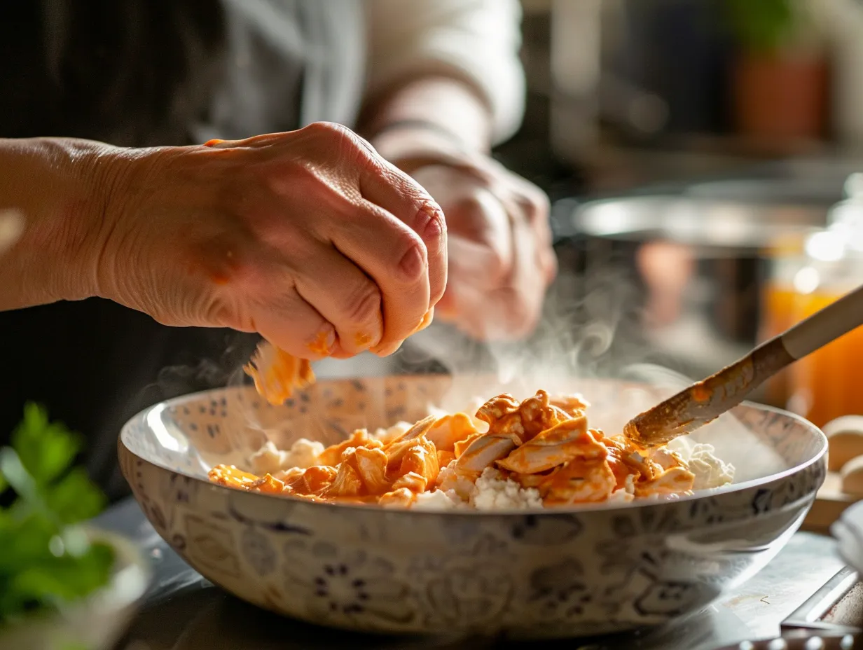 preparing buffalo chicken cottage cheese bowl