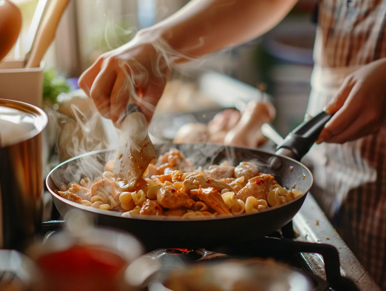 Preparing creamy chicken buttered noodles