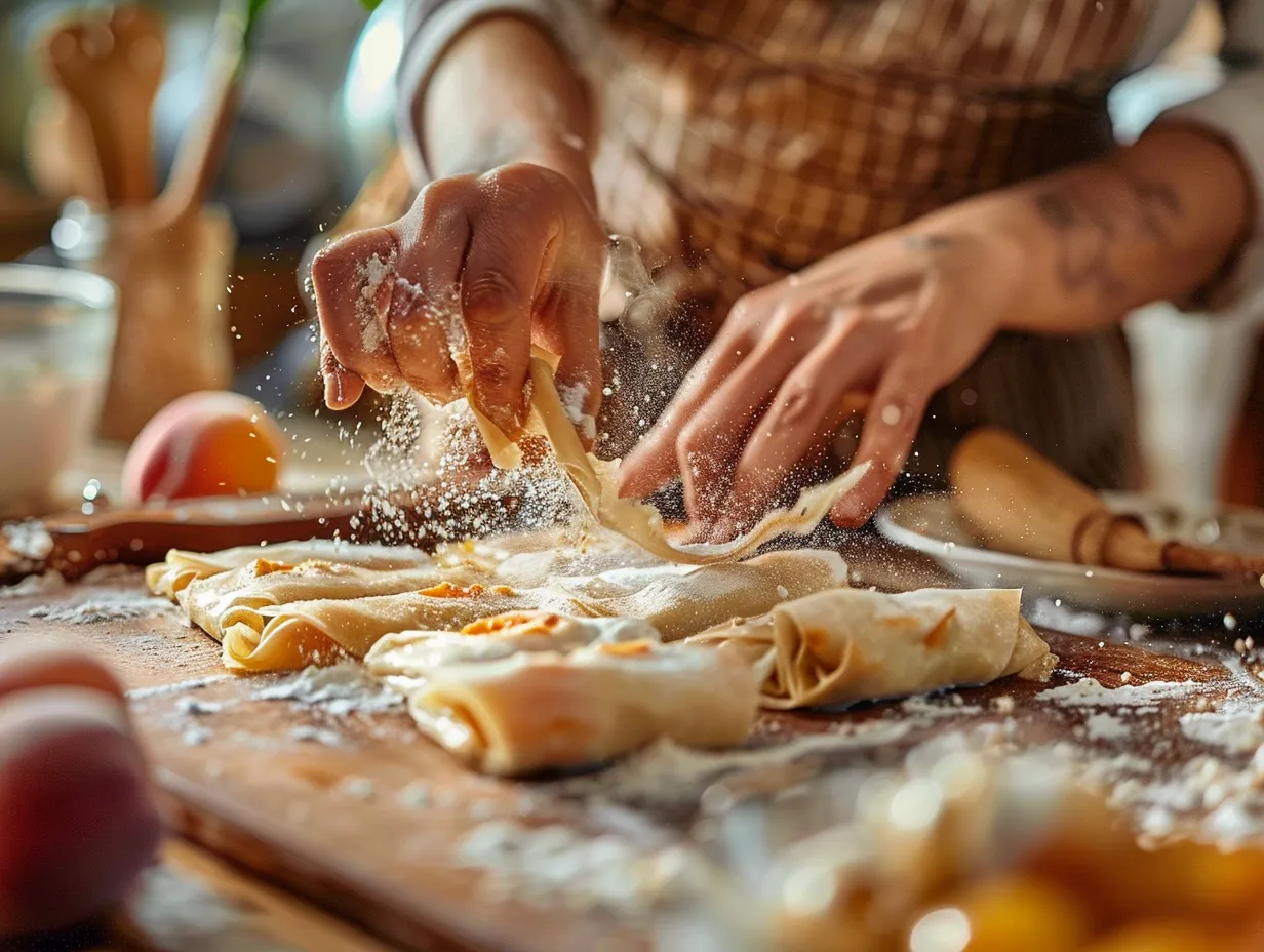 Preparing Peach Cobbler Egg Rolls in the Kitchen