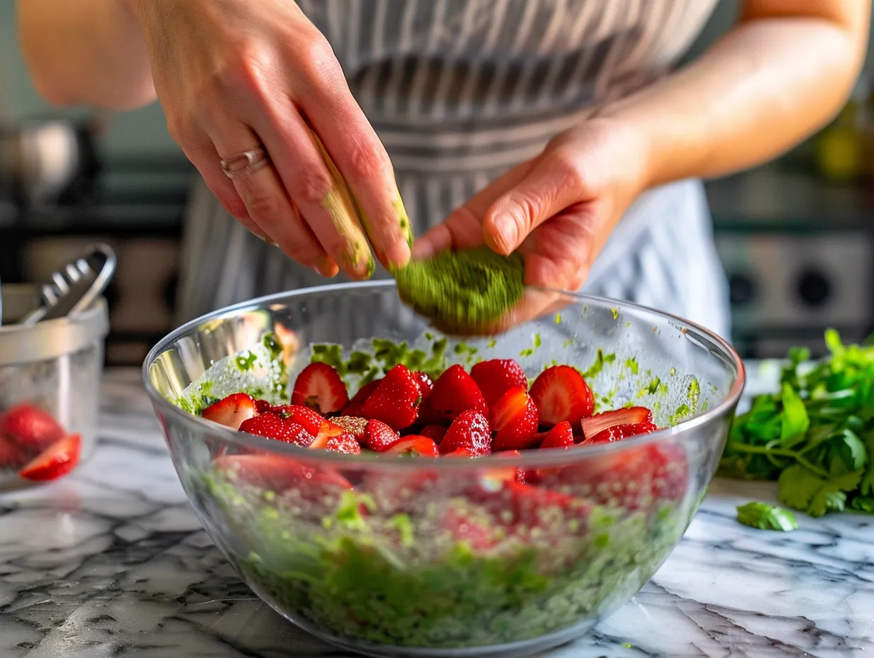 Preparing Strawberry Matcha Sago