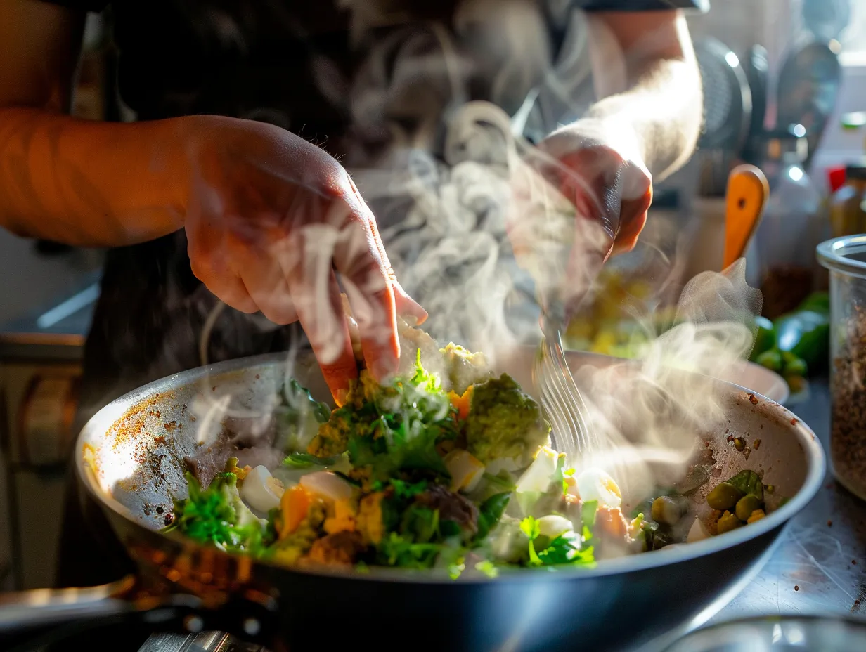 Preparing the beef cheddar egg guac power bowl
