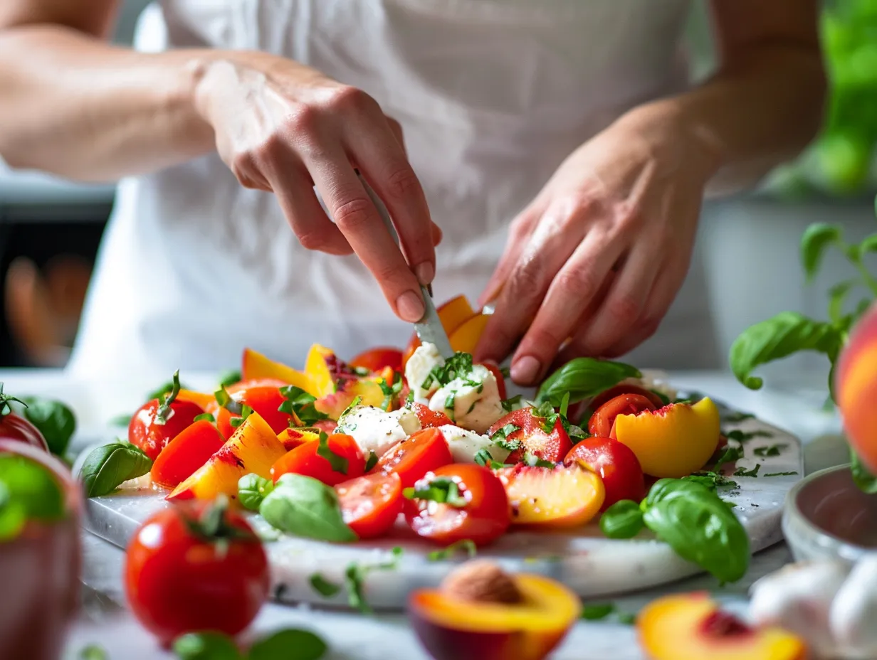 preparing tomato peach burrata salad