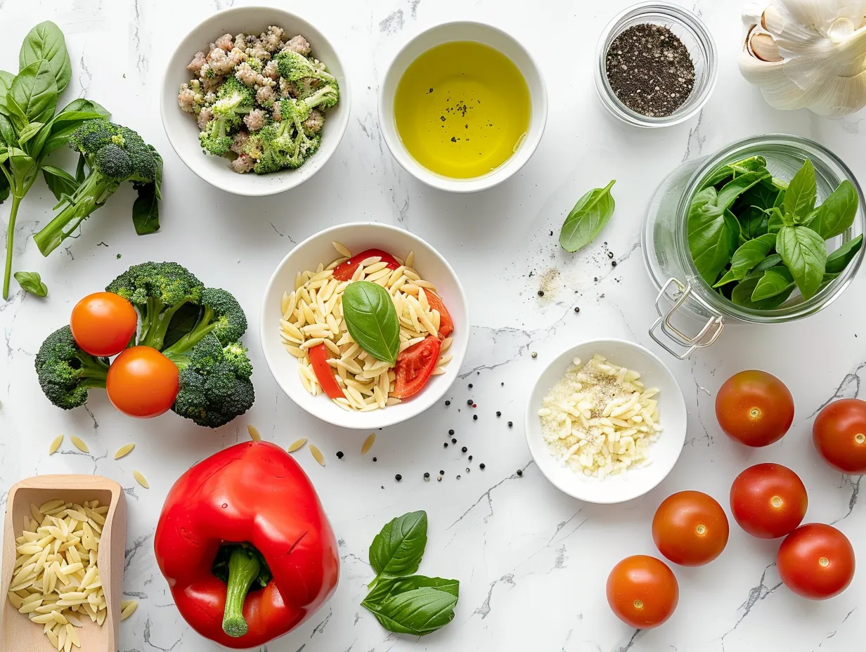 raw ingredients for chicken sausage broccoli and orzo skillet on white marble