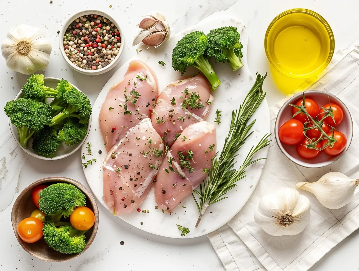 Raw ingredients for Garlic Herb Chicken with Cherry Tomatoes and Broccoli