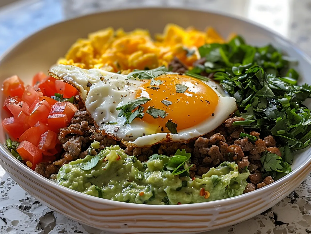 Savory Beef Cheddar Egg Guac Power Bowl Display