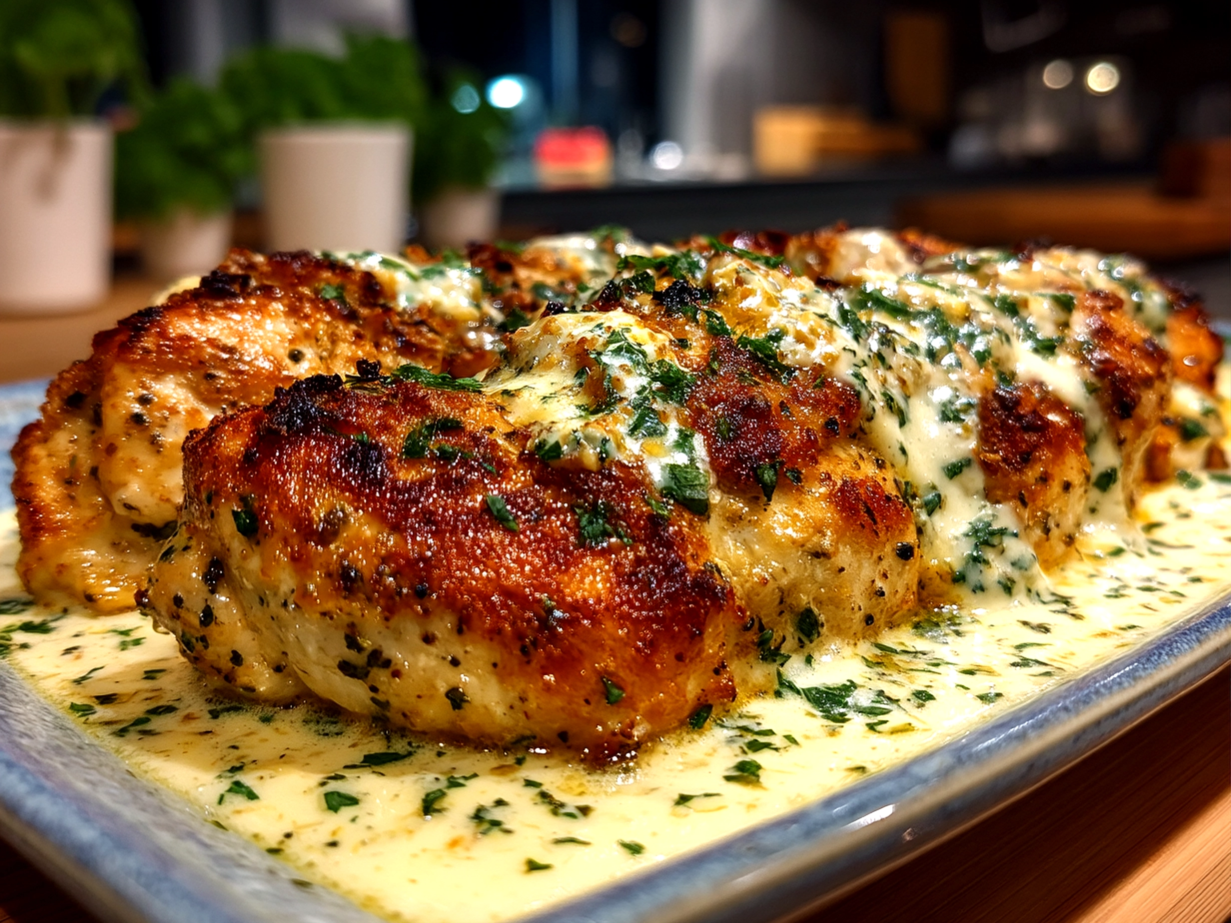 Finished baked Caesar chicken with creamy Parmesan sauce served on a plate