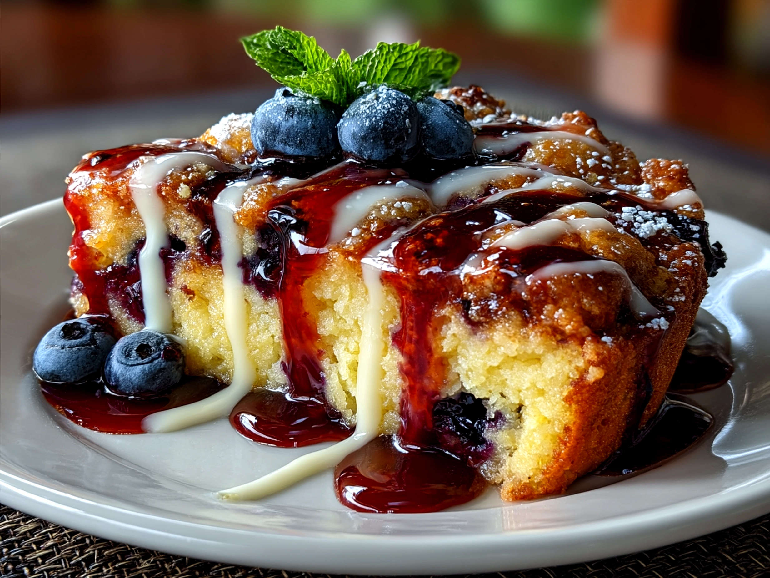 A slice of Blueberry Sour Cream Coffee Cake served with a cup of coffee