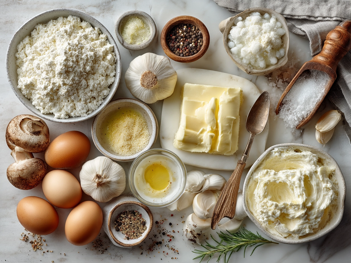Ingredients for homemade Boursin Cheese spread including cream cheese, garlic, fresh herbs, lemon juice, salt, and pepper