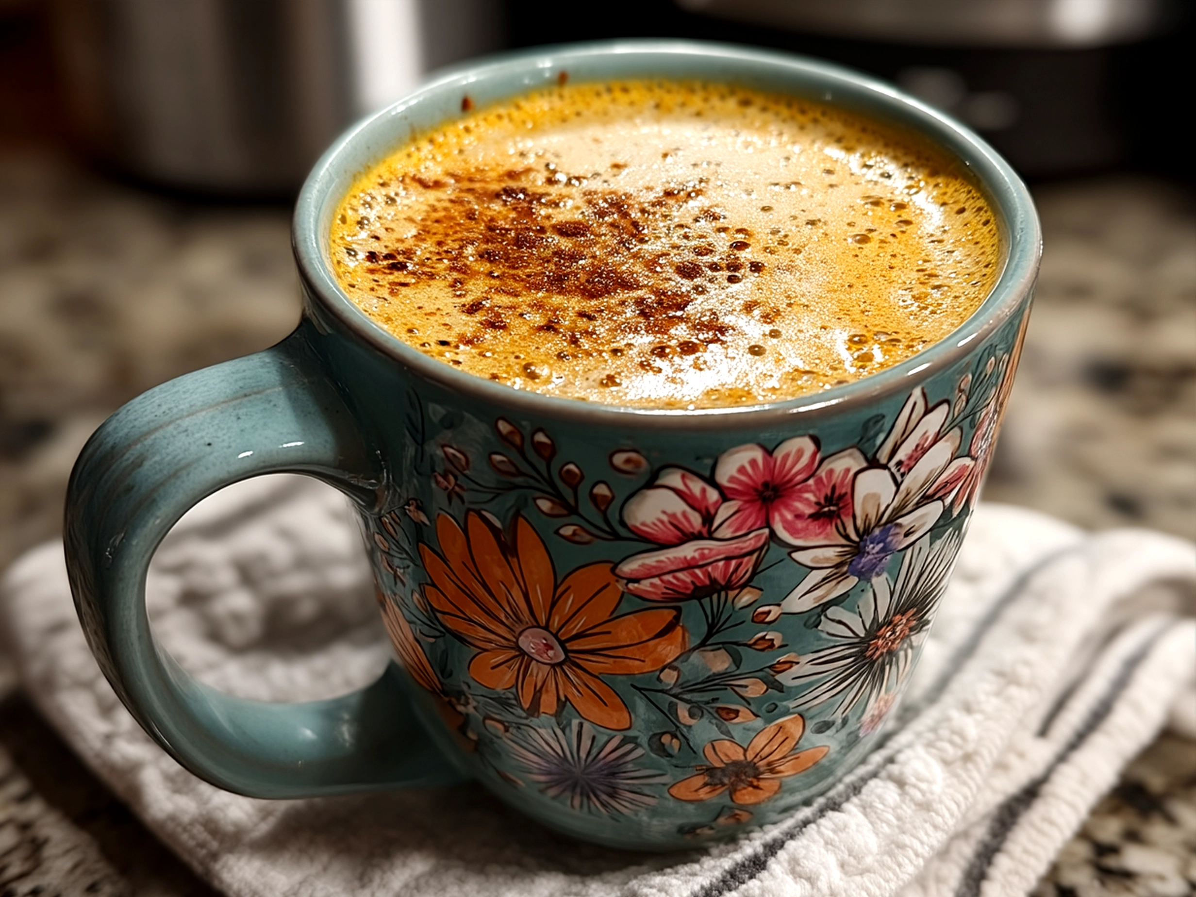 A freshly made chai tea latte served in a cozy ceramic mug with cinnamon stick garnish