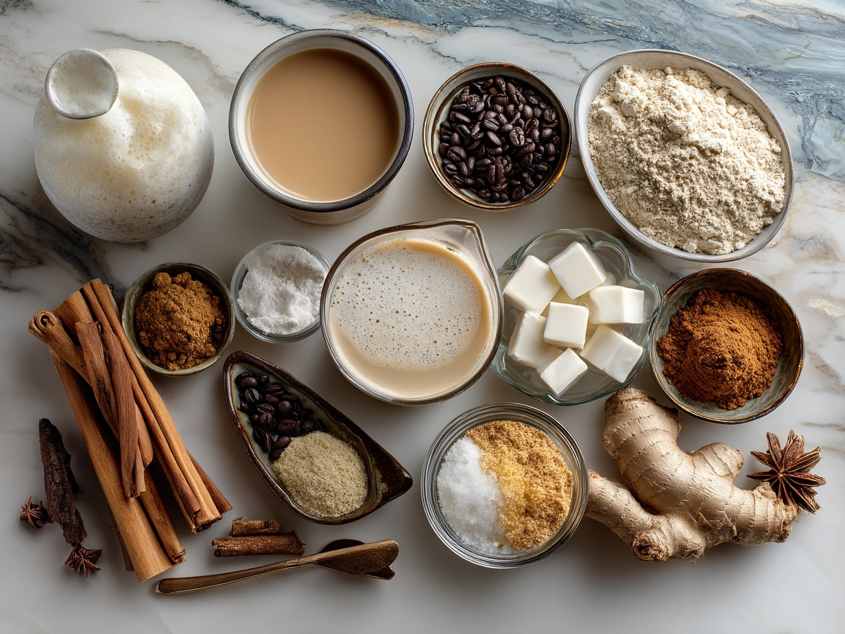 Ingredients for homemade chai tea latte including cinnamon, cardamom, cloves, ginger, tea leaves, and milk