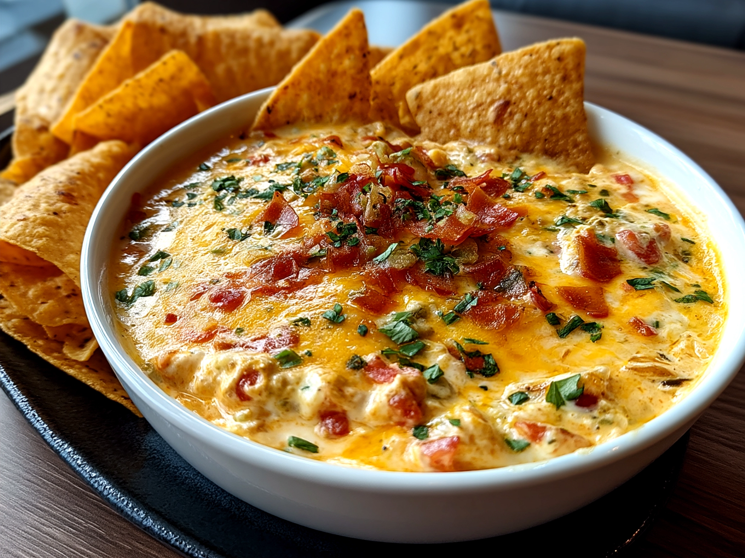 Serving Cheesy Rotel Ranch Queso warm with chips on a table