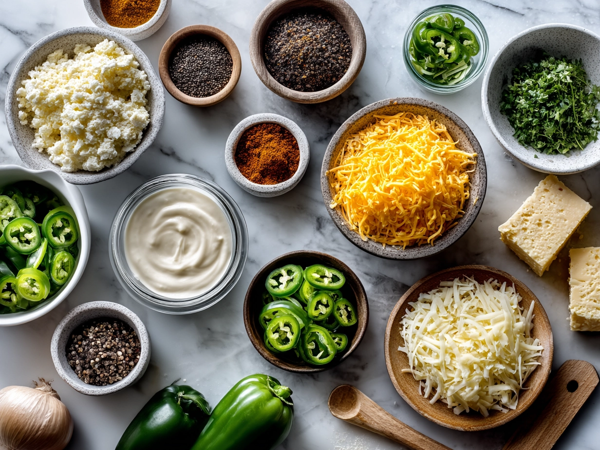 Ingredients for Cheesy Rotel Ranch Queso including Rotel, cream cheese queso dip, shredded cheddar, ranch seasoning, and milk