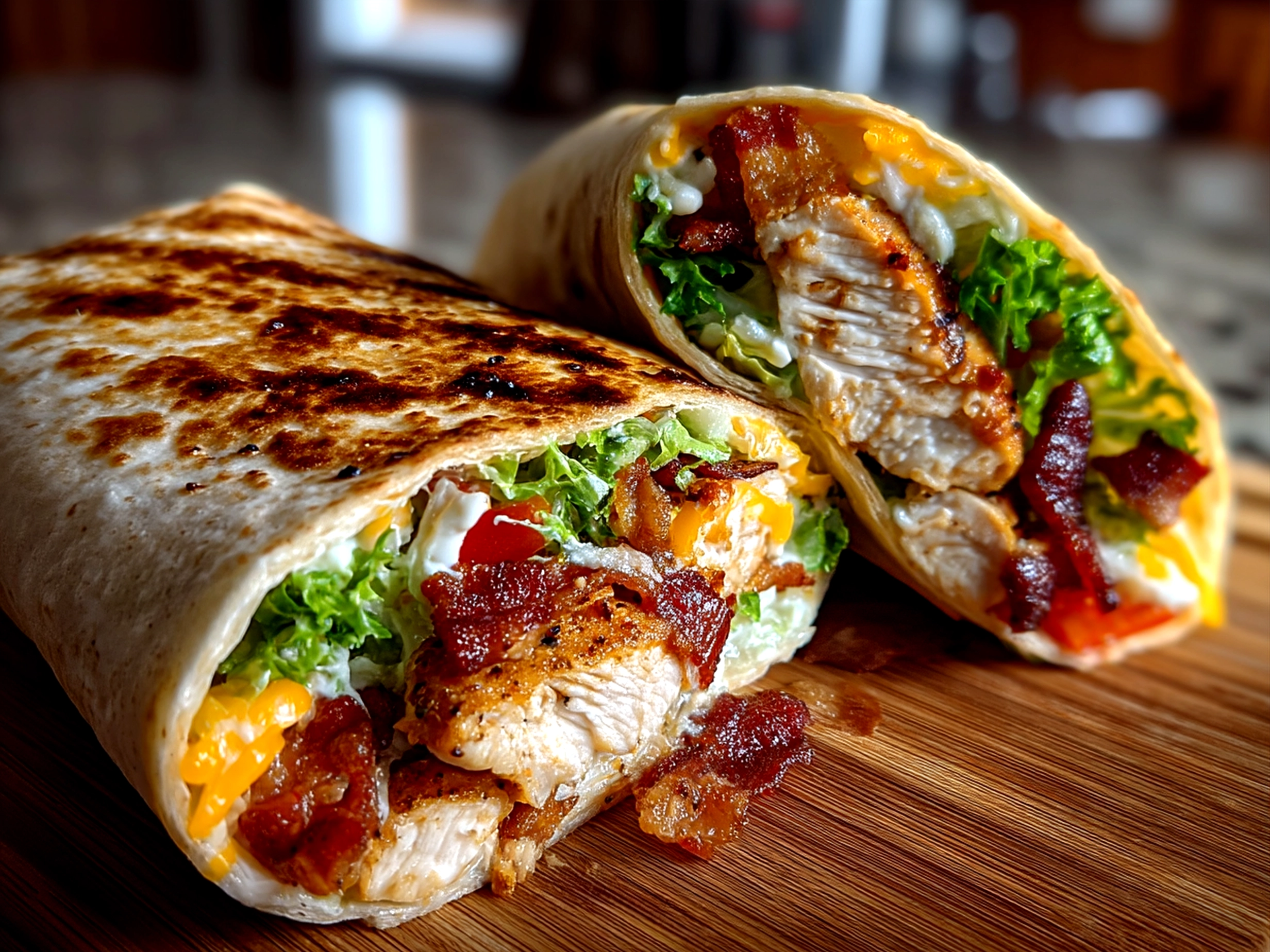 Delicious serving of Chicken Bacon Wrap with fresh salad and fries
