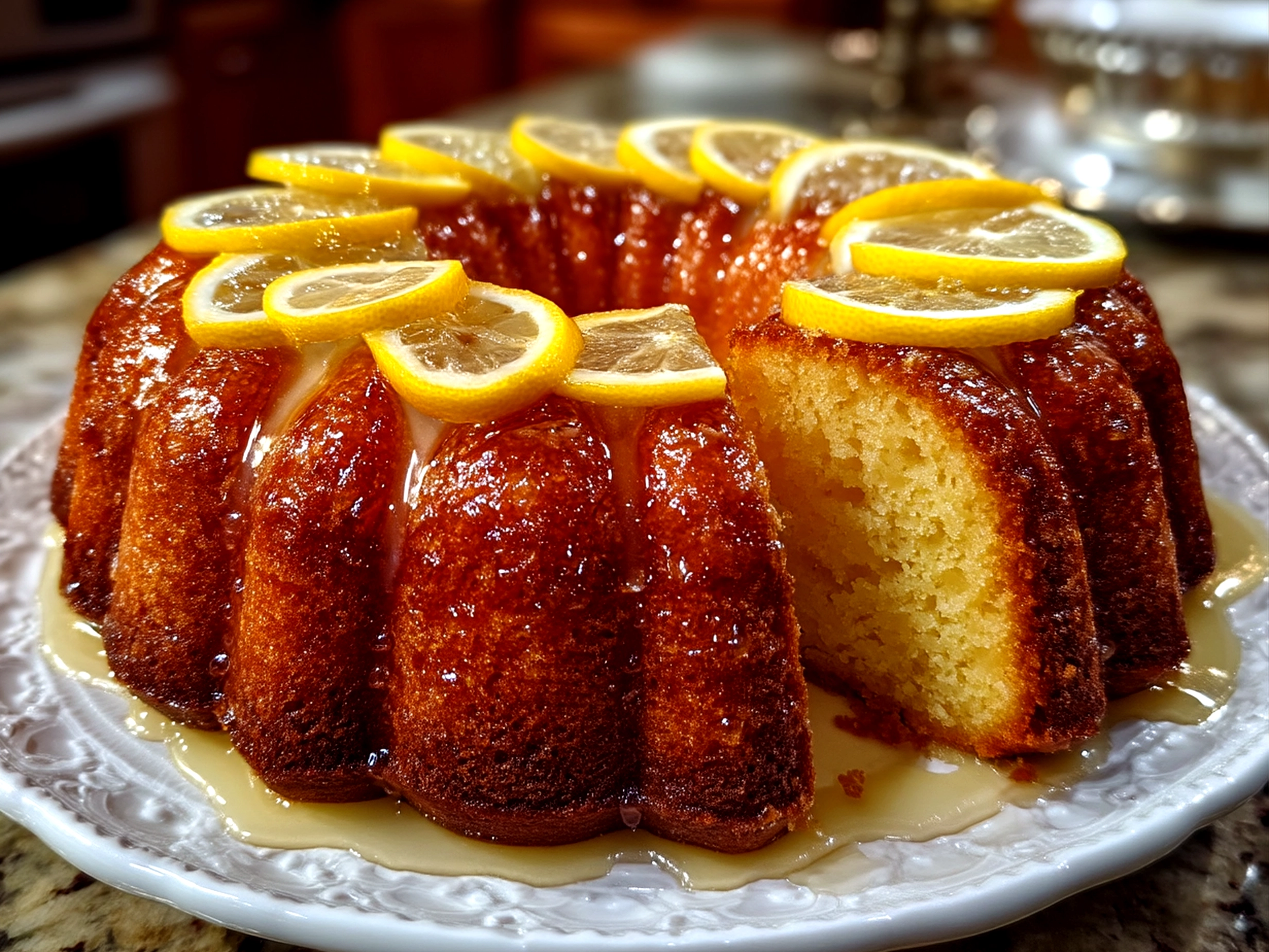 Close up image of a finished Limoncello Cake with creamy limoncello frosting