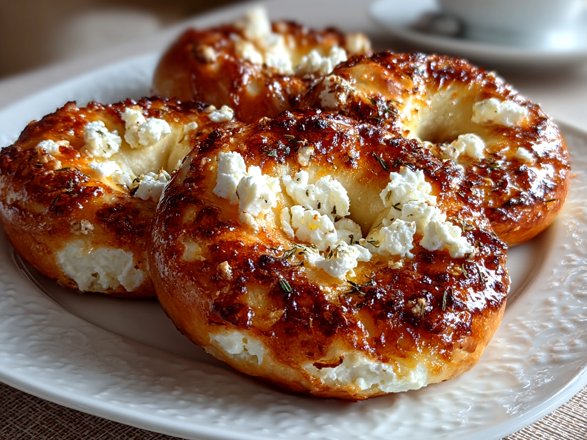 Close-up of freshly baked keto cottage cheese bagels