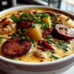 Close-up of freshly prepared Cajun Potato Soup with Andouille Sausage