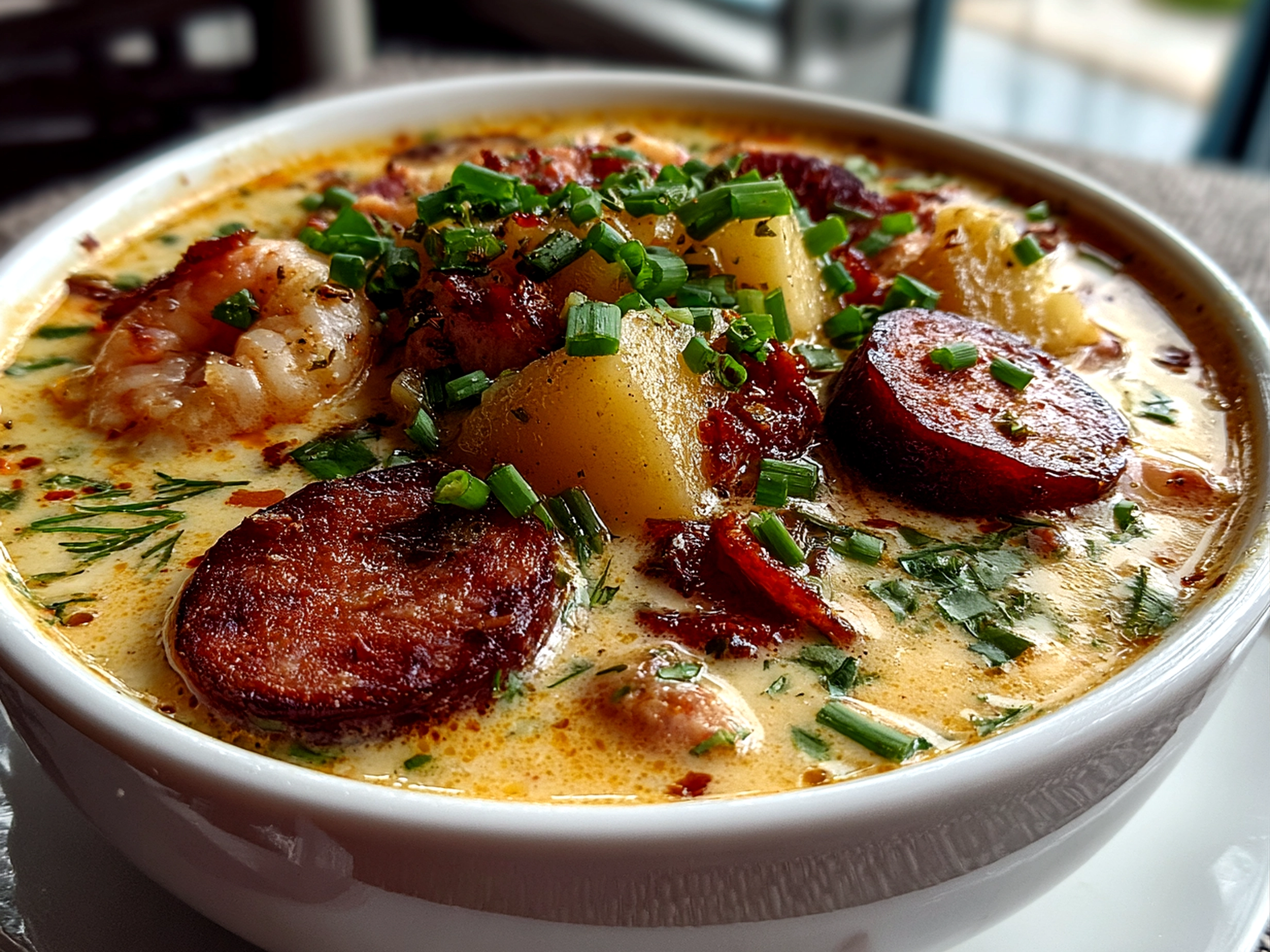Close-up of freshly prepared Cajun Potato Soup with Andouille Sausage