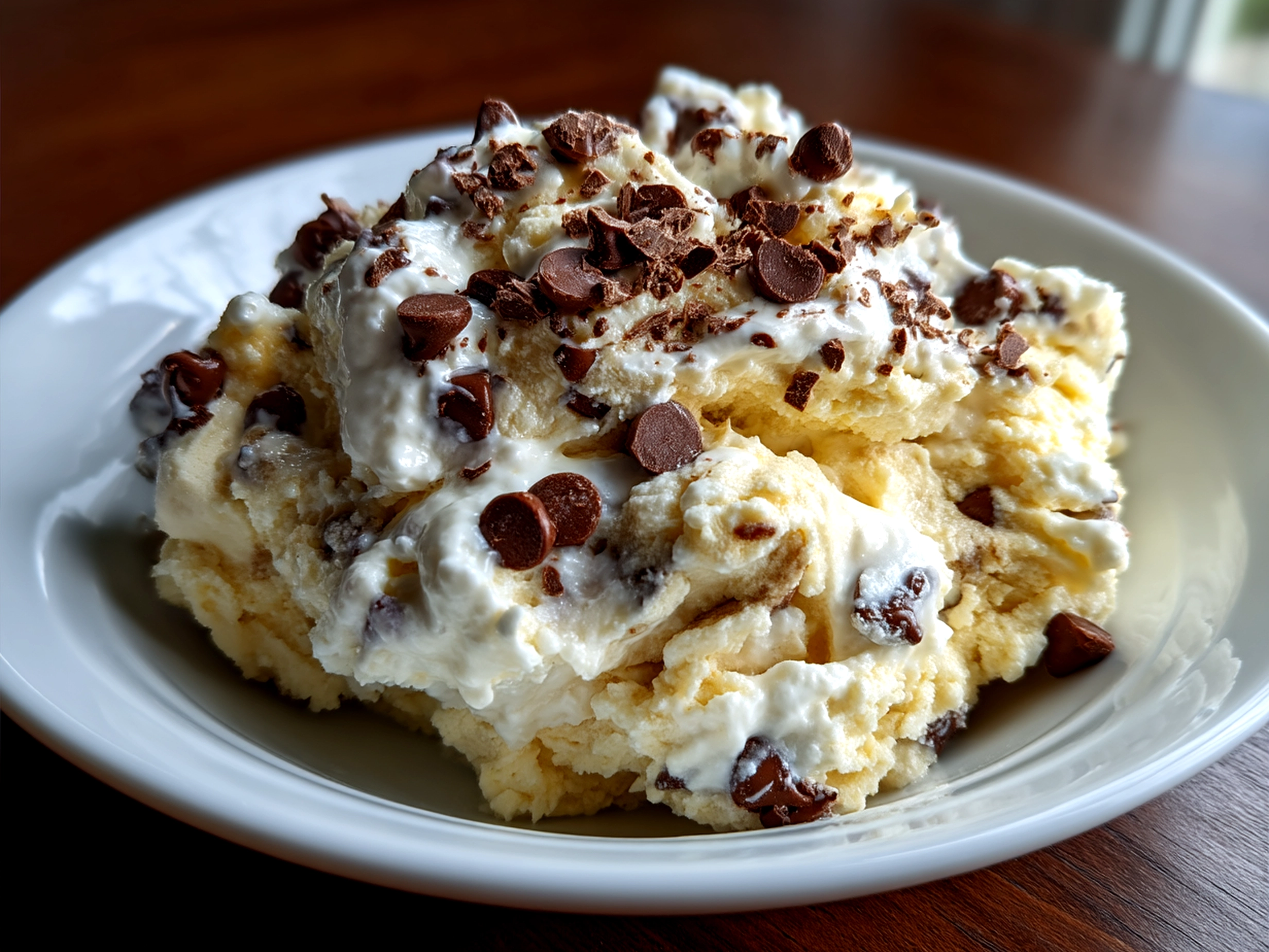 Serving Cookie Dough Greek Yogurt with Chocolate Chips in a bowl with mini chocolate chips sprinkled on top