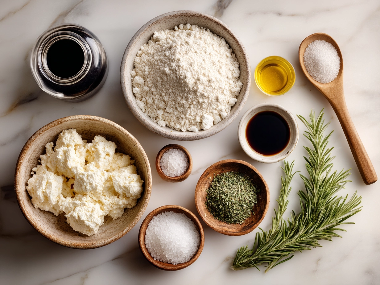 Ingredients for Cottage Cheese and Herb Biscuits including flour, butter, cottage cheese, herbs