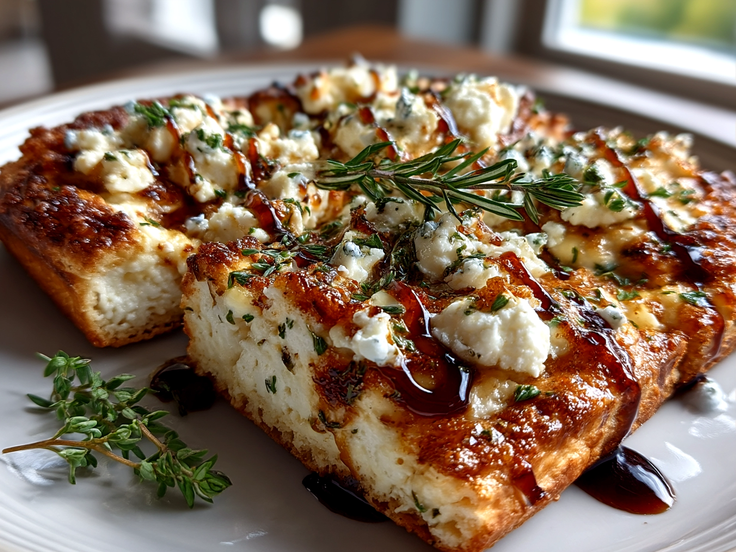 Ready to serve cottage cheese flatbread pizza with fresh herbs