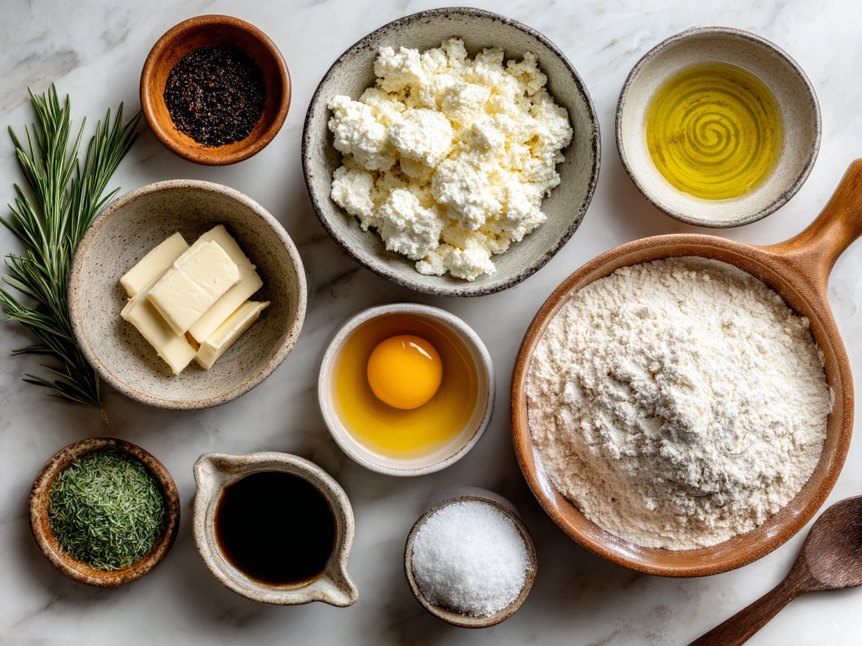 Ingredients for cottage cheese flatbread pizza including flatbread, cottage cheese, mozzarella, cherry tomatoes, spinach, garlic, salt, and pepper