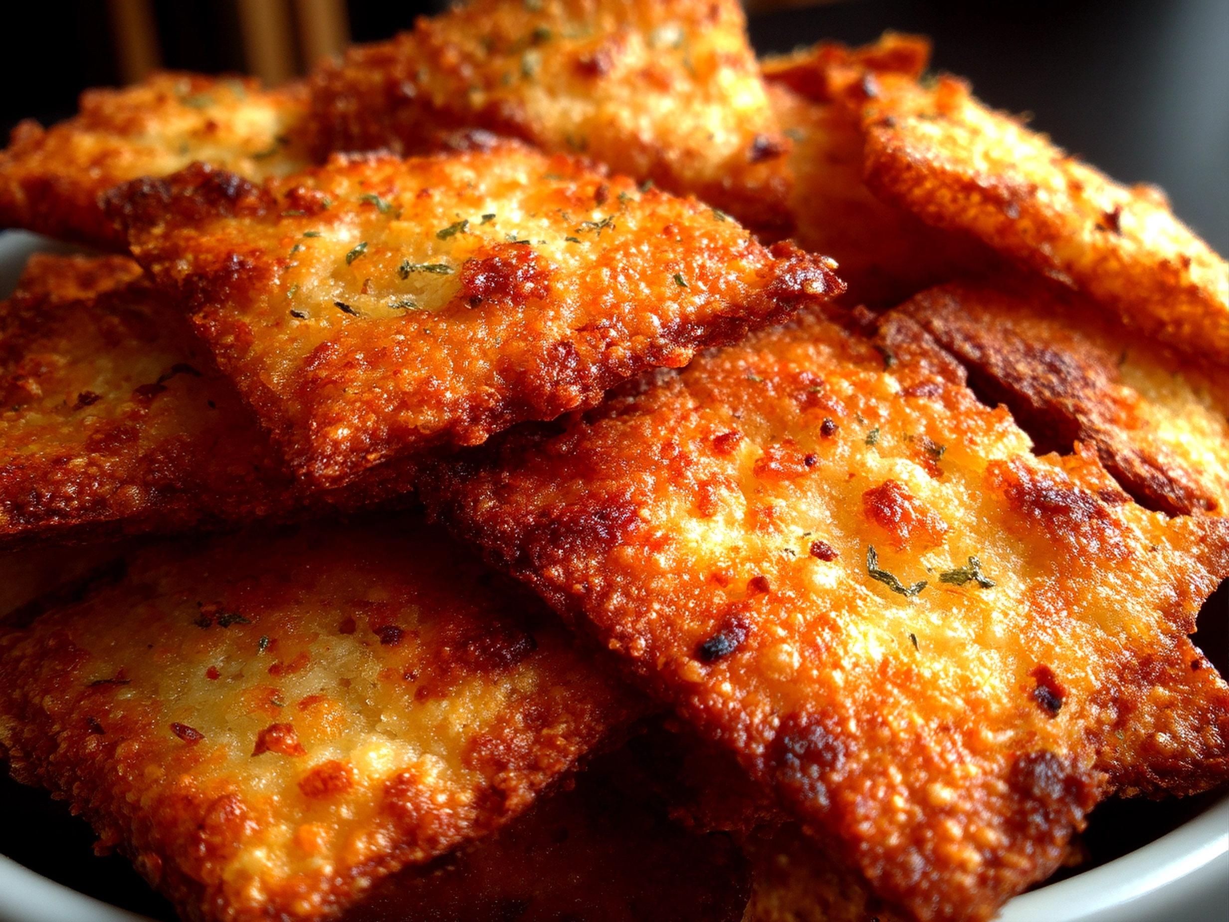 Finished batch of crispy sourdough Cheez-It Crackers arranged to serve