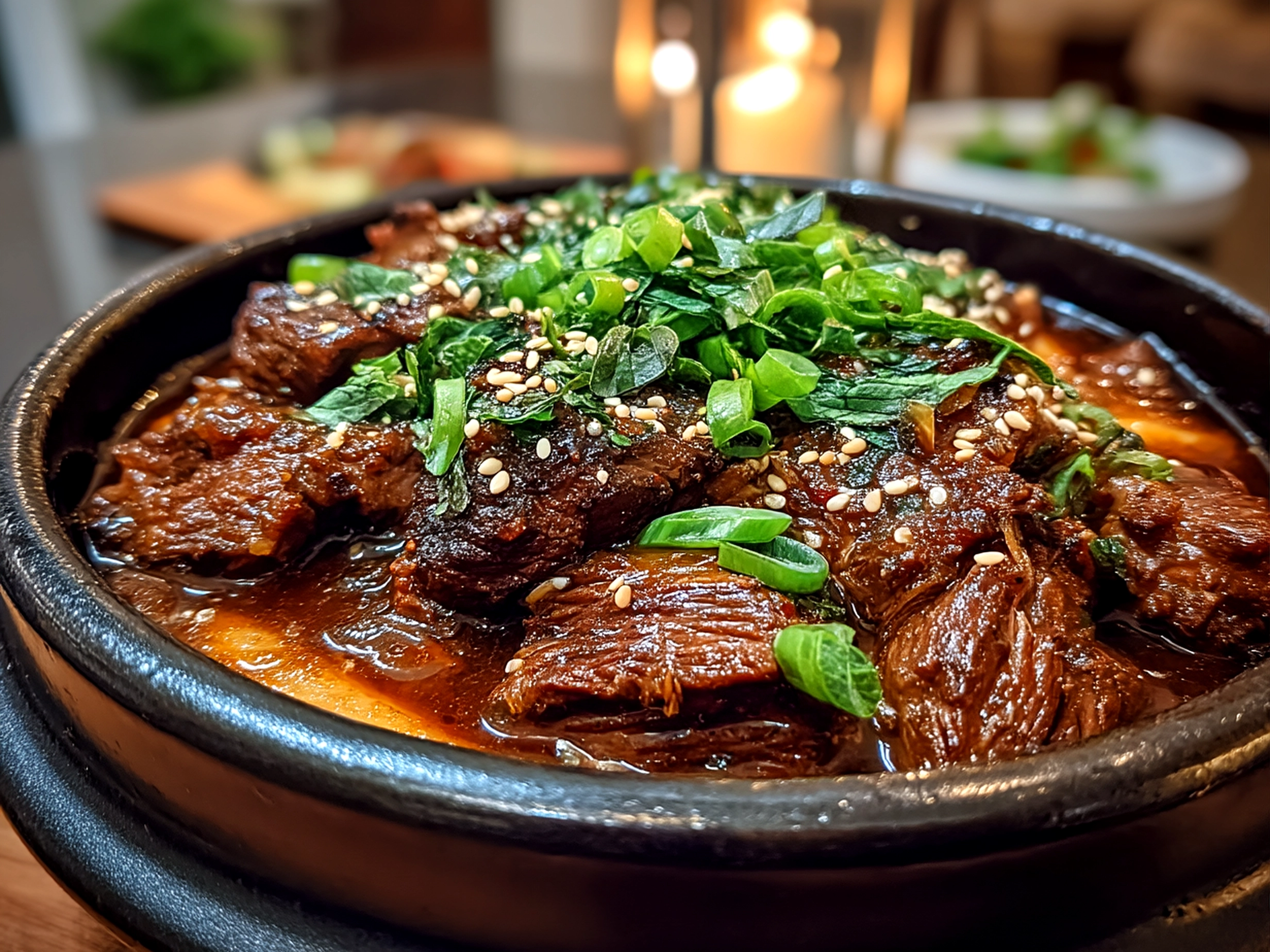 Close-up of finished Korean Pot Roast with tender beef and garnished with green onions