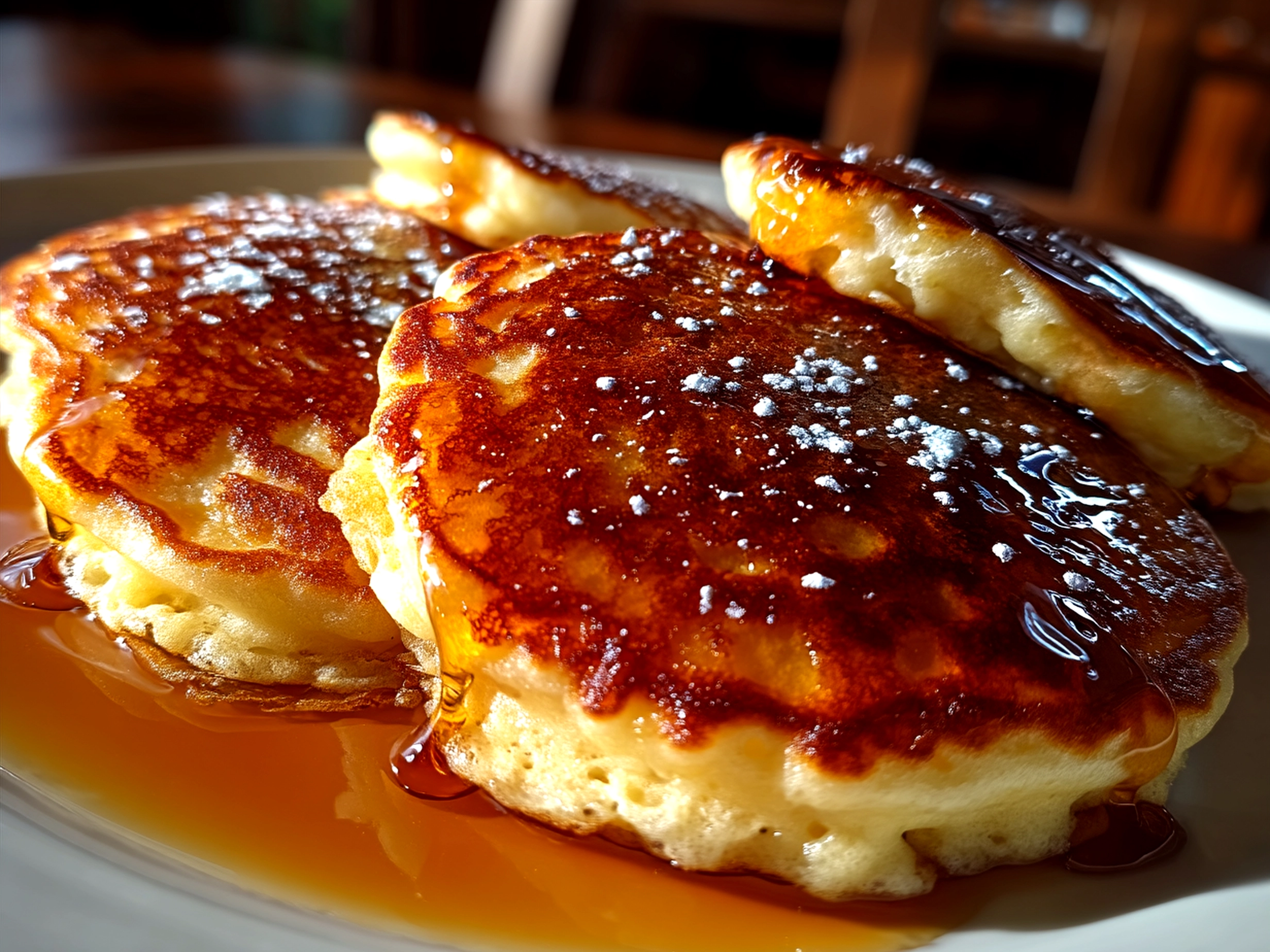 Stack of golden fluffy pancakes served on a plate with syrup