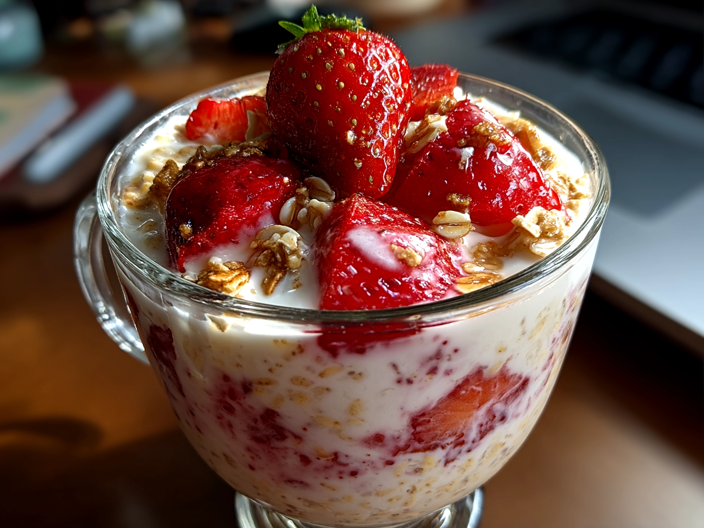 Close up of finished delicious strawberry cheesecake overnight oats in glass cup