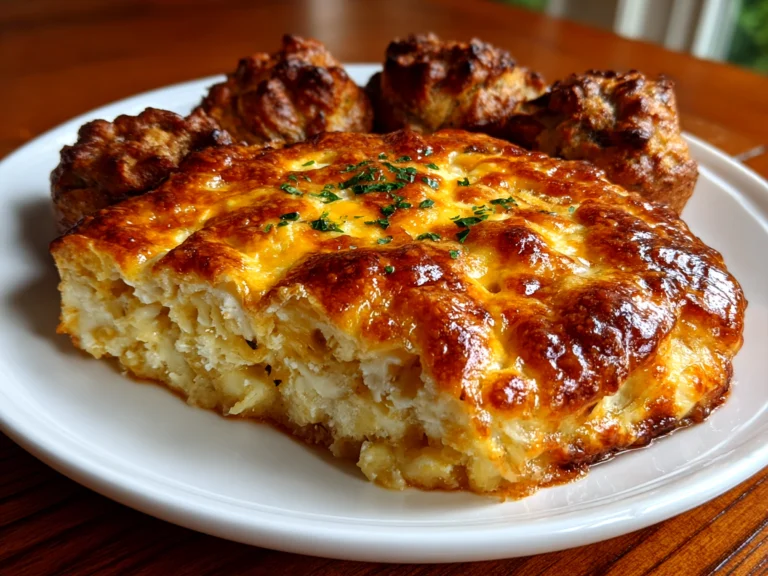 Freshly prepared baked cheesy dumpling casserole close-up