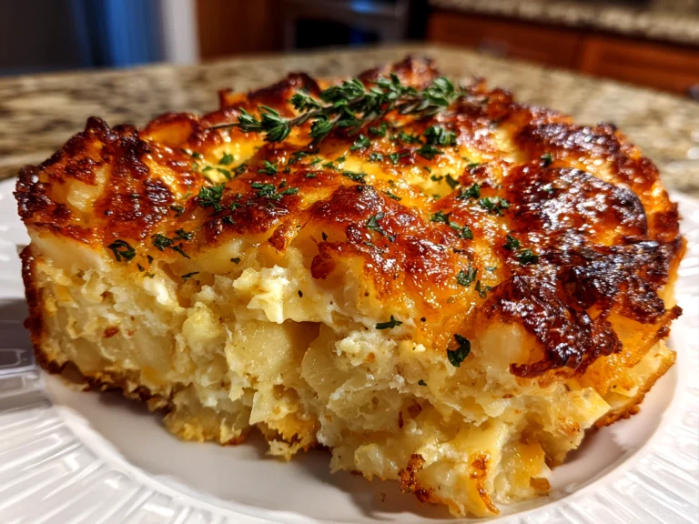 Freshly prepared cheesy funeral potatoes with hashbrowns on white plate