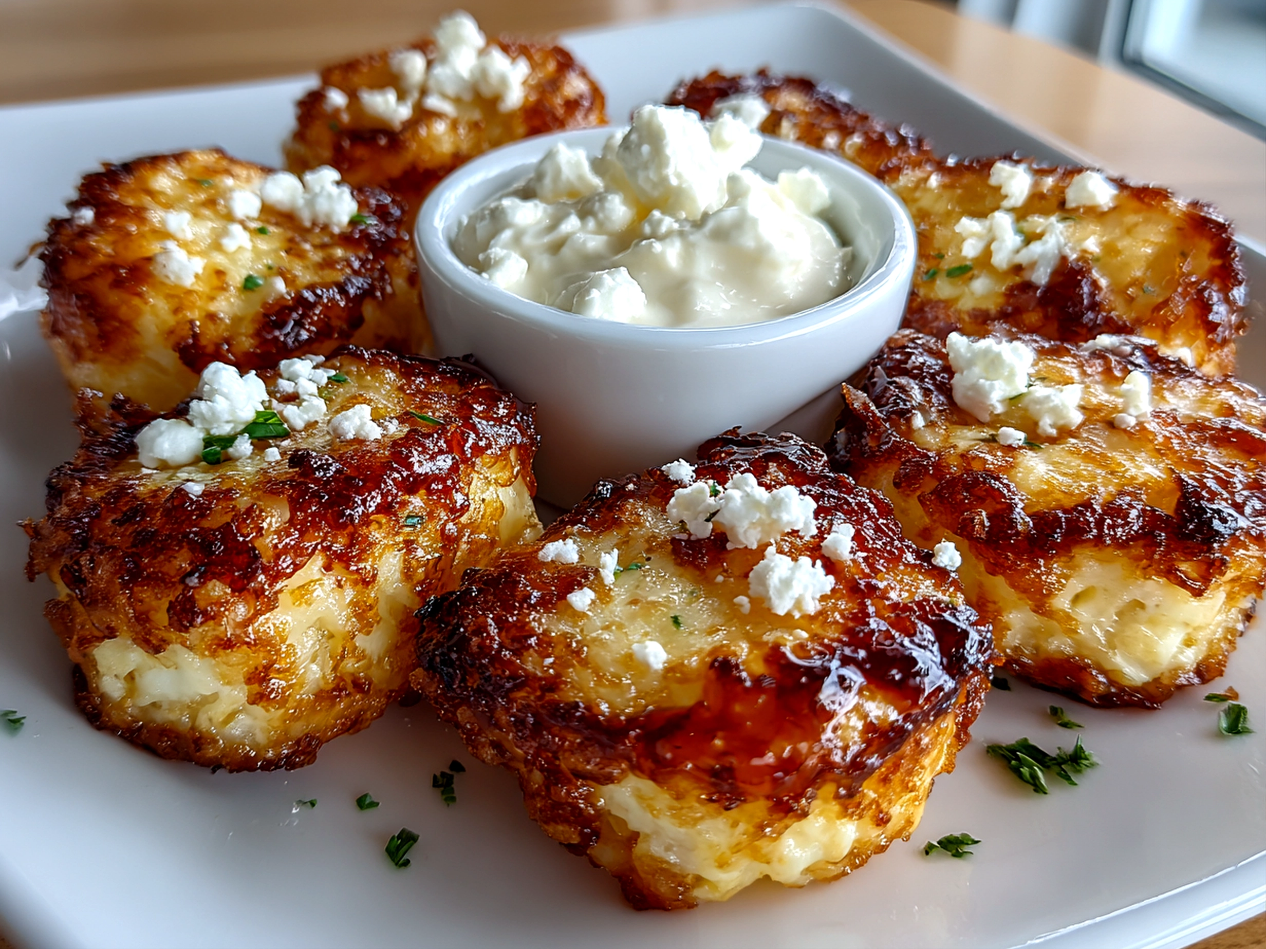 Freshly prepared Cottage Cheese Tots plated on modern kitchen counter