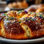 Freshly prepared Mardi Gras King Cake on white plate