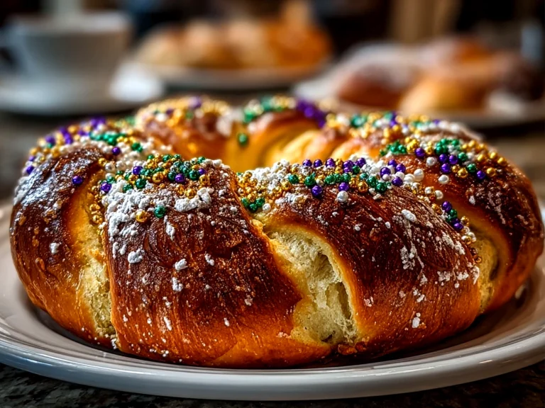 Freshly prepared Mardi Gras King Cake on white plate