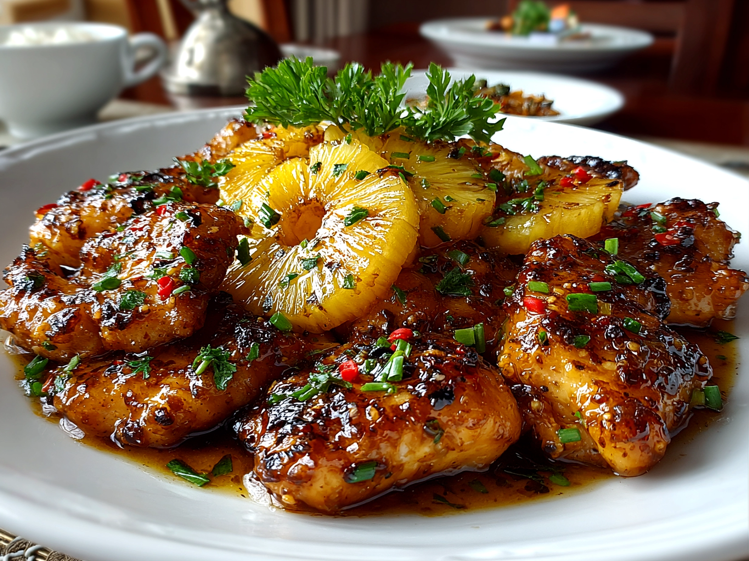 Freshly prepared pineapple chicken on white plate