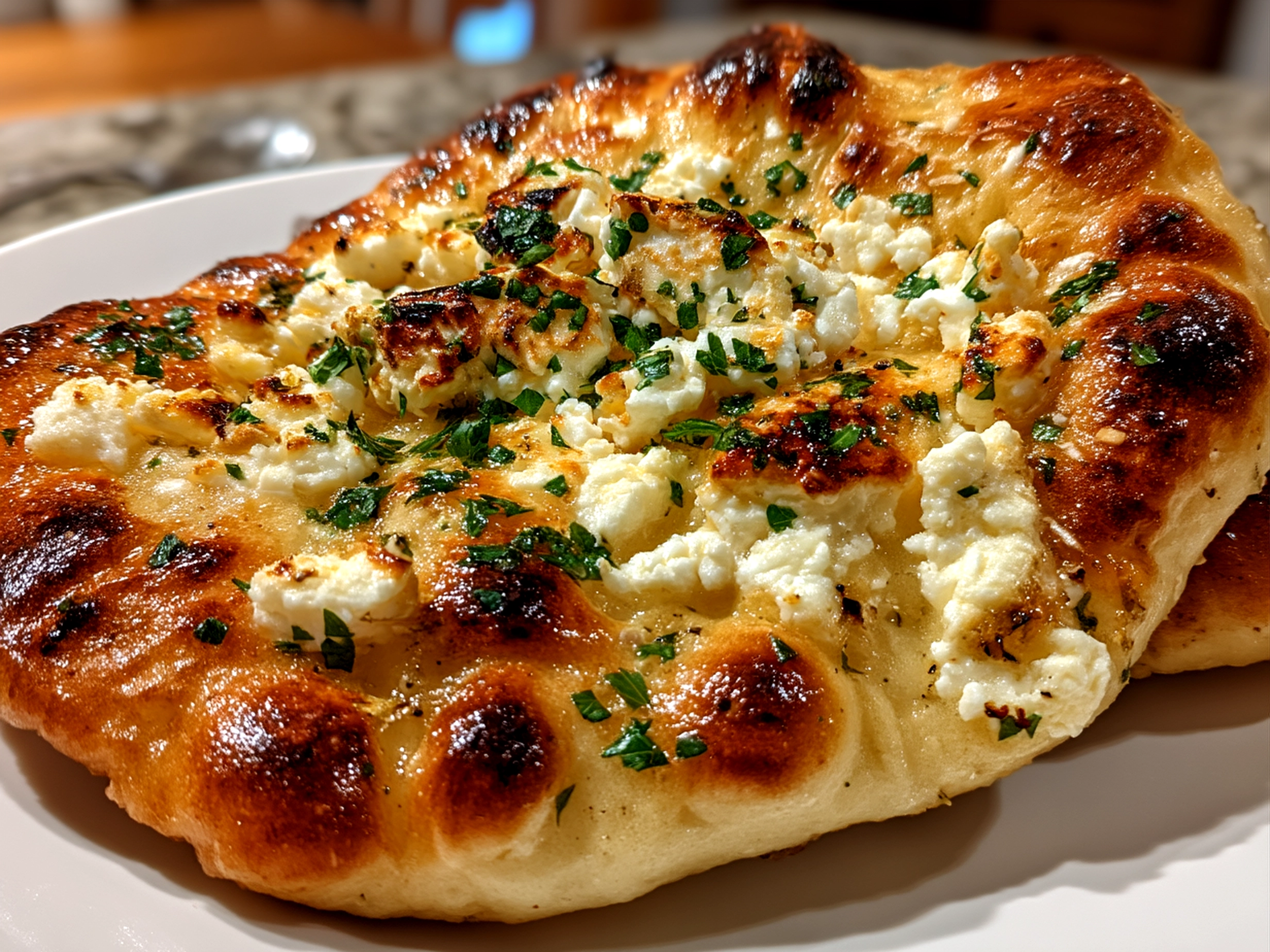 Serving plate of garlic cottage cheese naan garnished with coriander