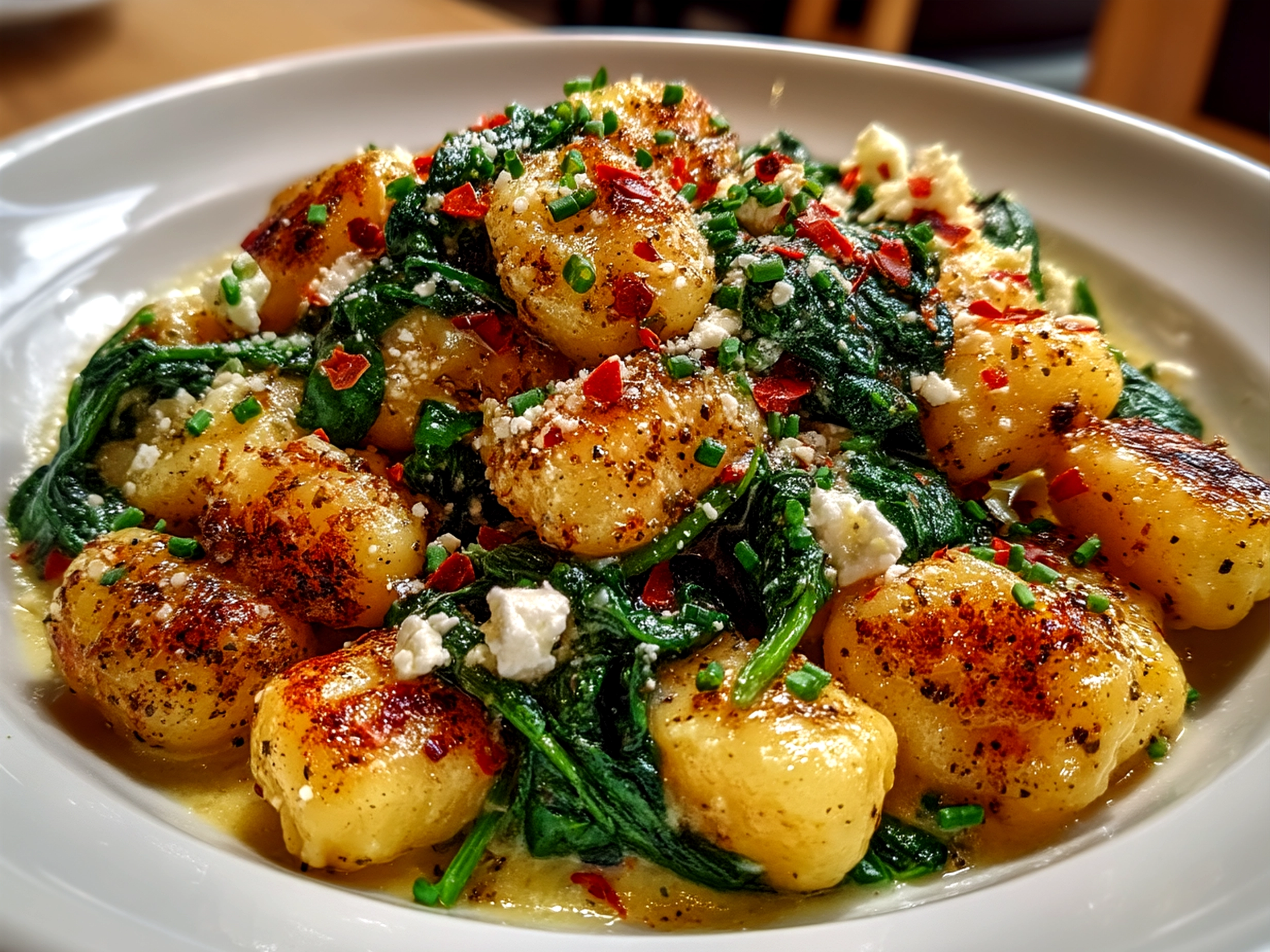 A serving of creamy gnocchi with spinach and crumbled feta cheese plated and ready to enjoy