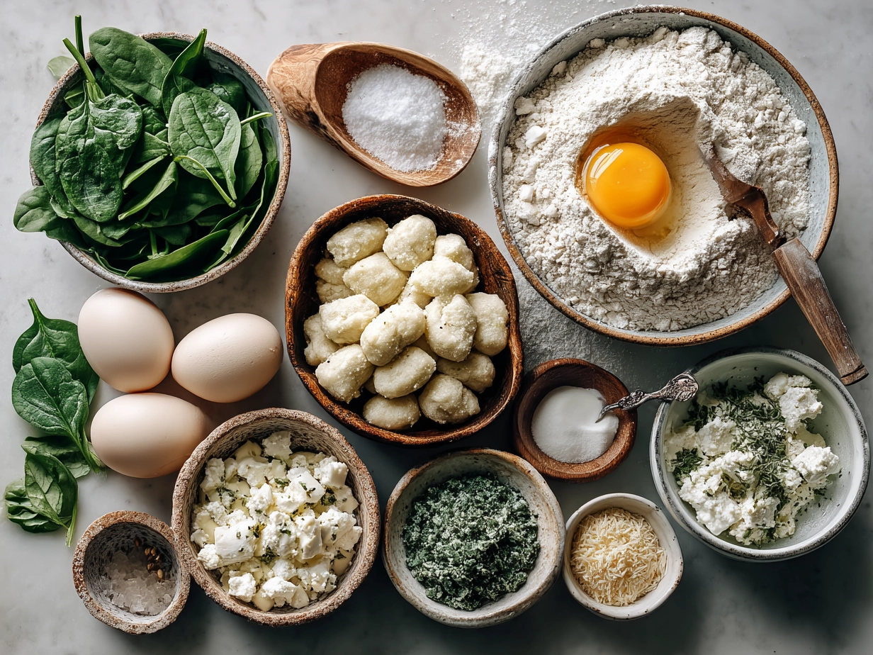 Ingredients laid out for gnocchi with spinach and feta including fresh spinach, feta cheese, olive oil, garlic, and potato gnocchi