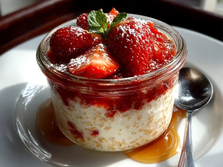Home cook, taken with iPhone 13. Close-up slight angle of freshly prepared Strawberry Cheesecake Overnight Oats in glass jar on white plate. Mouthwatering --ar 4:3 --style raw --s 240